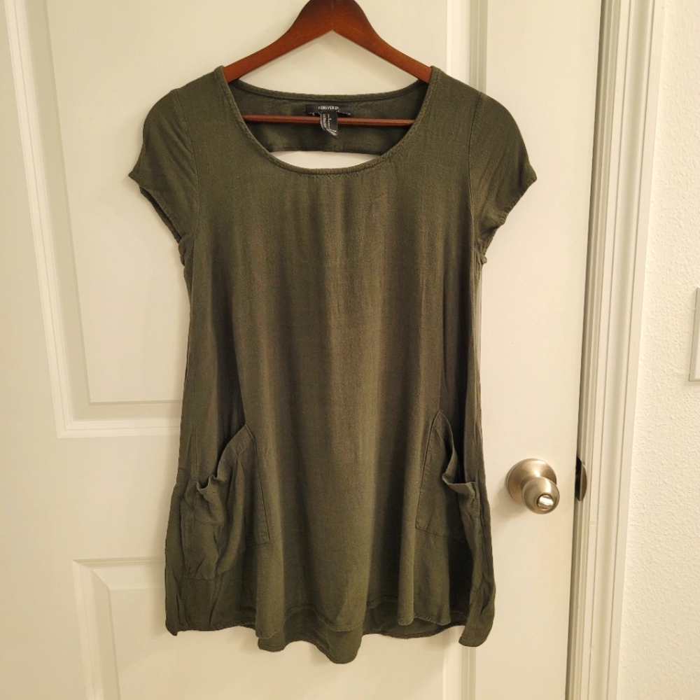 Forever 21 Soft Flowy Olive Green Mini Dress with Pockets and Back Cutout Small